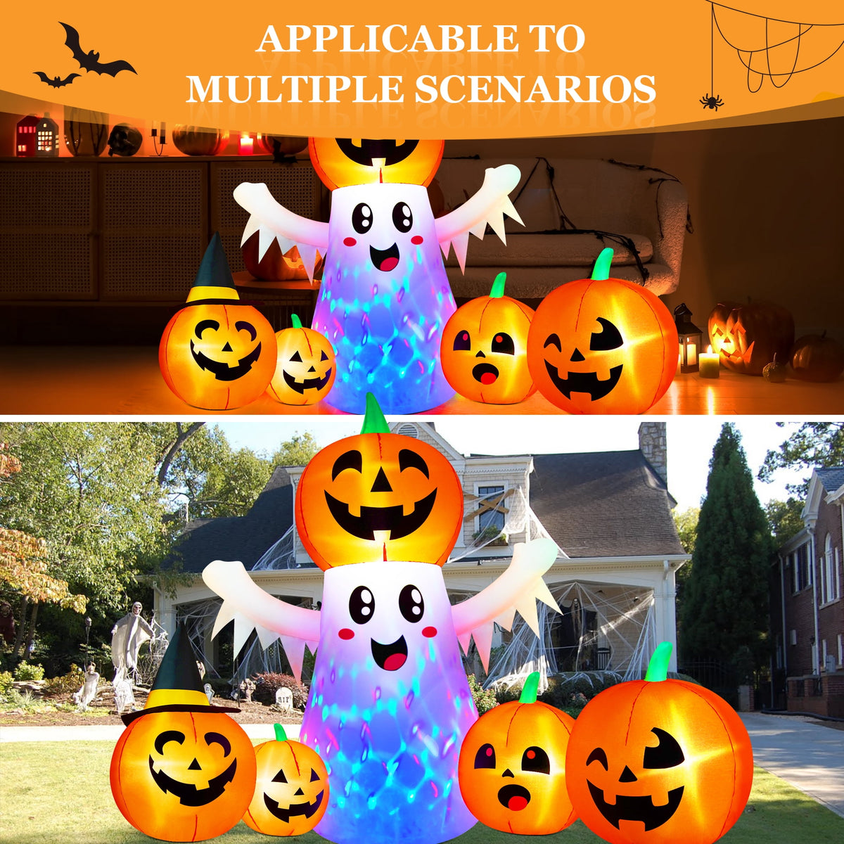 Yexmas 9.4ft Halloween Inflatable Pumpkins Outdoor Decor with Black Cat Tombstone and Spectre,360° Rotating Colorful LED Lights,for Halloween Party,Yard,Garden,Lawn