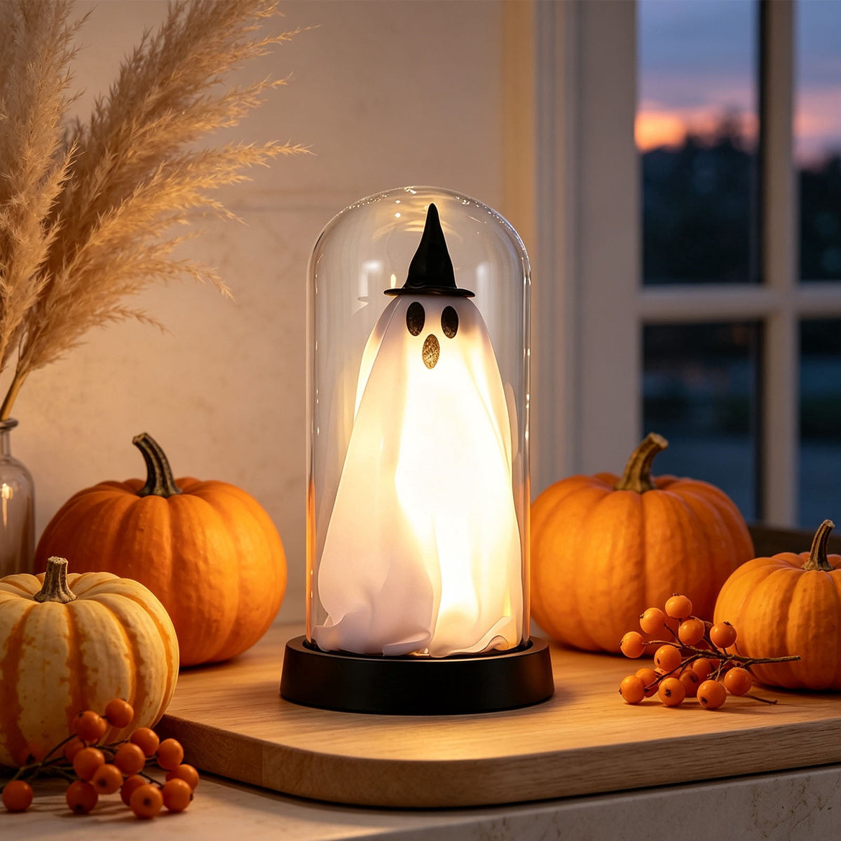Orangide Halloween Ghost Cloche Night Light Fabric Ghost Lamp with Glass Dome for Mantel Shelf Spooky Party and Home Decor Ornament