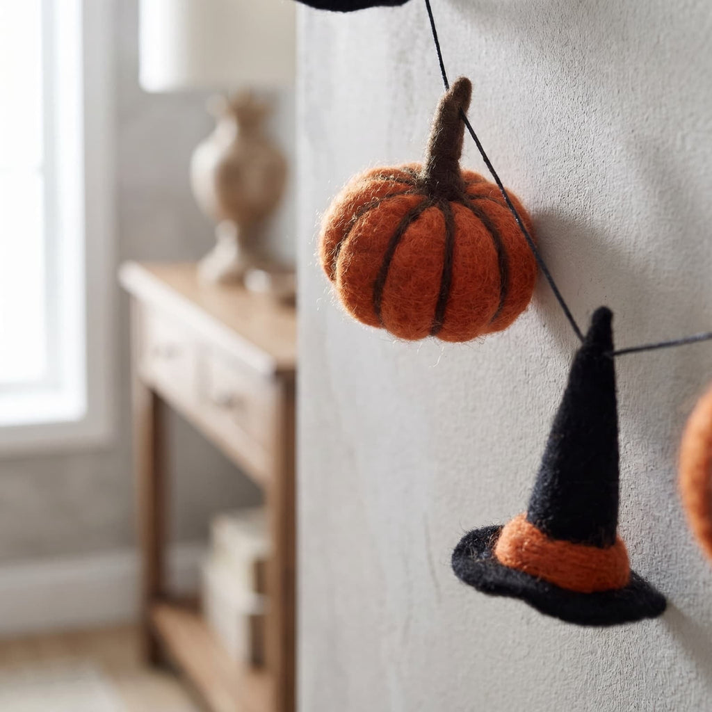SCNOR 72 Inch Halloween Felt Garland with Ghost Pumpkin Witch Hat Spider Broom, Hanging Decor for Fireplace Mantel Wall