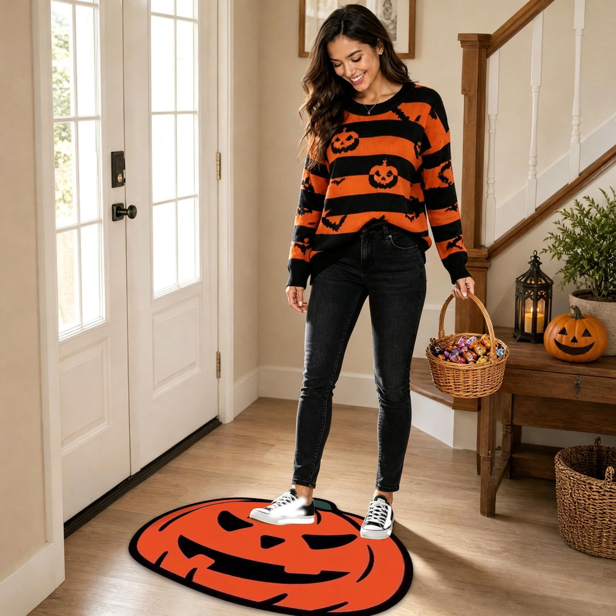 Halloween Door Mat Pumpkin Shaped Non-Absorbent Skidproof Mat 15.75x23.62in Polyester Skidproof & Weather Resistant for Front Door Porch Indoor Outdoor Halloween Door Mat by MPOISVA