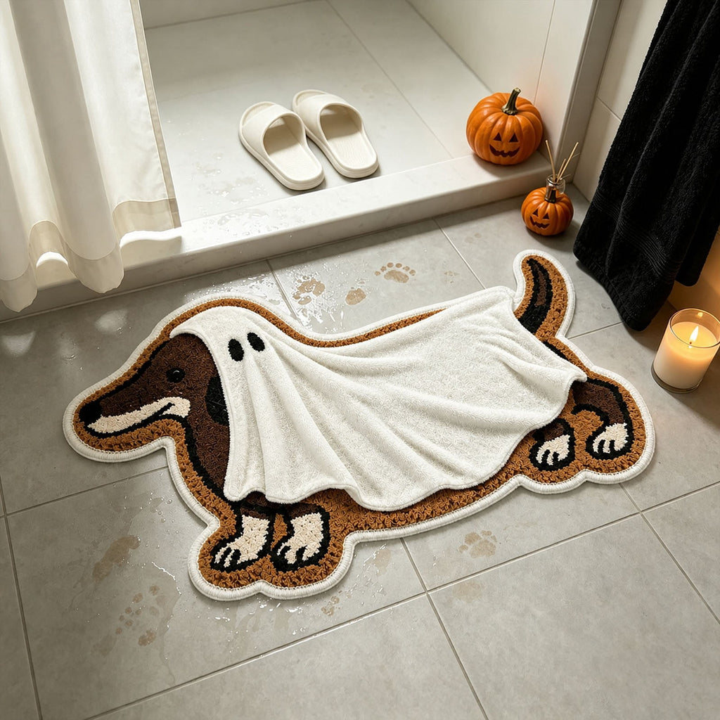 Clearance! Halloween Dachshund Ghost Doormat, Special-Shaped Floor Mat, Faux Wool Absorbent Entry Rug, Funny Cute Dog Silhouette Welcome Mat for Front Yard Doorway Indoor Outdoor, 23.62*15.75"