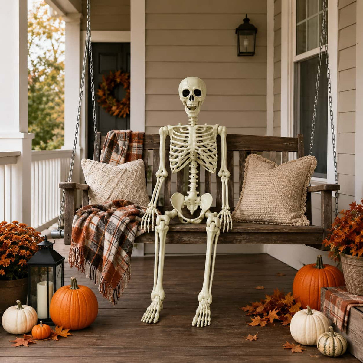 Valora Bella 5.4 FT Skeleton Halloween Decoration Outdoor Indoor - Life Size Poseable Full Body Skeleton Prop with Movable Joints Realistic Skull - Halloween Decor for Haunted House Porch Party Yard