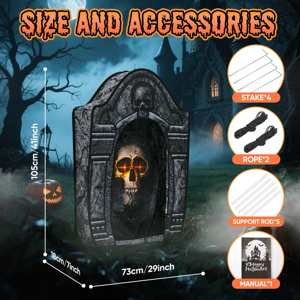 Toiyjofe 3.5ft Large Halloween Tombstone Decoration with LED Skull Eyes, Battery Powered Foldable Graveyard Decor for Lawn, Garden & Haunted House