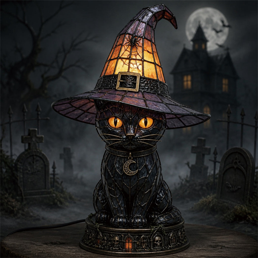 BZPIZ Witch Hat Lamp Handcrafted Retro Resin Stained Witch Hat Desk Lamp Halloween Home Decor Gothic Wizard Hats Night Light for Bedroom & Bookshelf