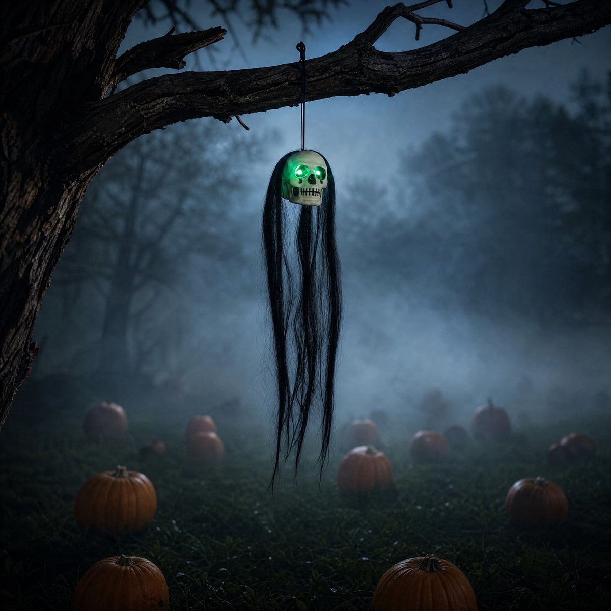 Bklubk Hanging Long Hair Skull Ghost Prop With Flashing Red/Green LED Eyes.Spooky Skeleton Head Hanging Ornament For Escape Room. House Halloween Yard Decor