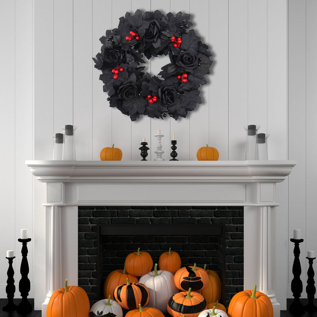 WWC Halloween Wreath, Artificial Silk Bats And Skulls Wreath, Gothic Halloween Decor for Fall Party Front Door Porch Mantel