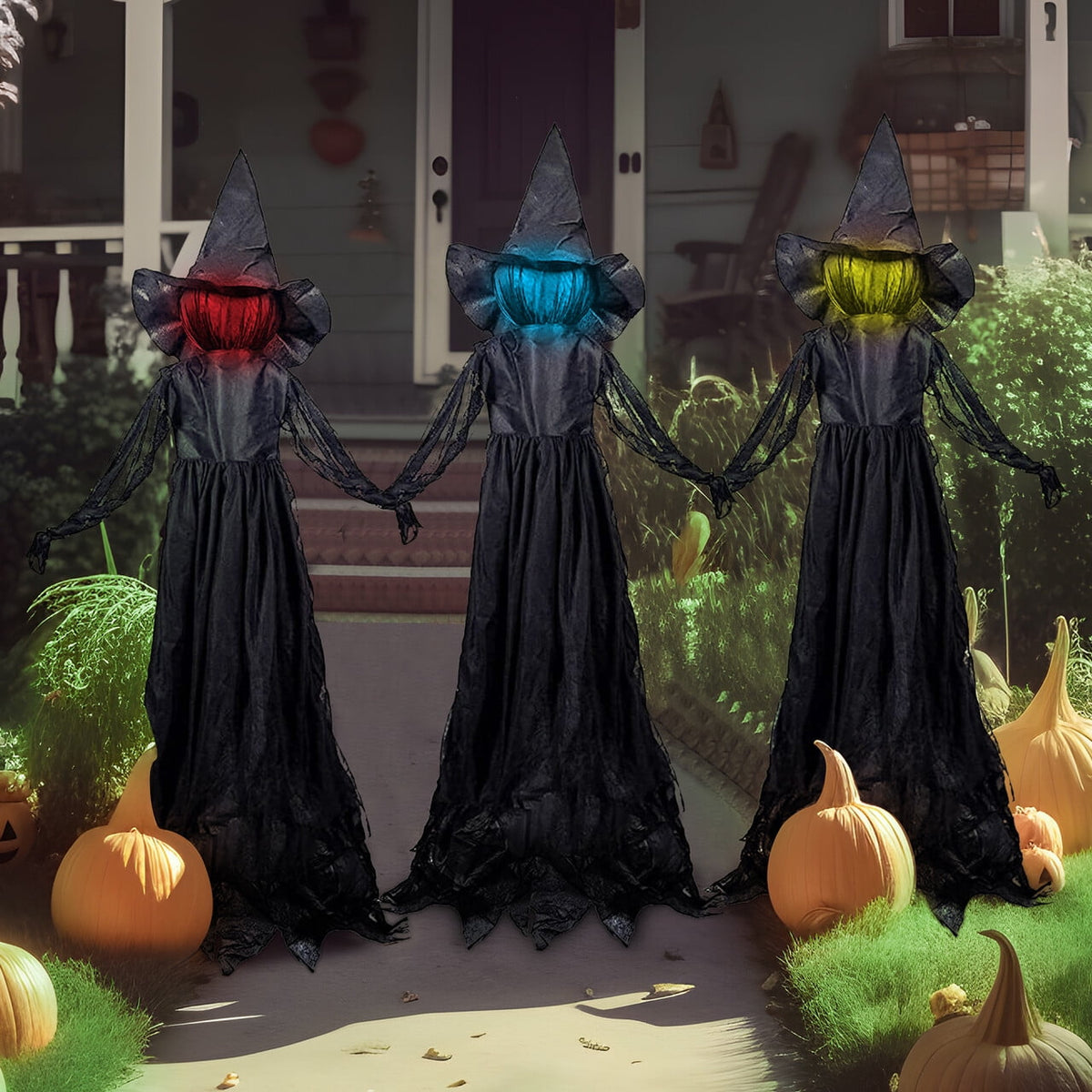 Joyfy 3 Pack Witches Halloween Decorations Outdoor, 51" Sound Activated Light Up Flying Witch Stakes with Color Changing Face & Creepy Sound, Life Size Halloween Props for Lawn Grave Party