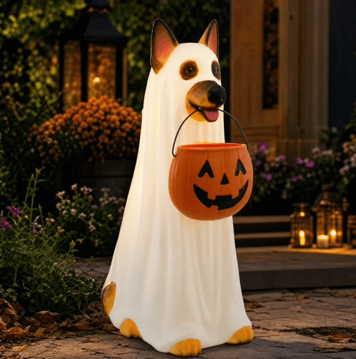 LED German Shepherd Blow Molded Halloween Statue, Light Up Ghost Dog Figure with Pumpkin Candy Bucket, Glowing German Shepherd Halloween Decoration for Outdoor Porch Yard Fall Spooky Season Home