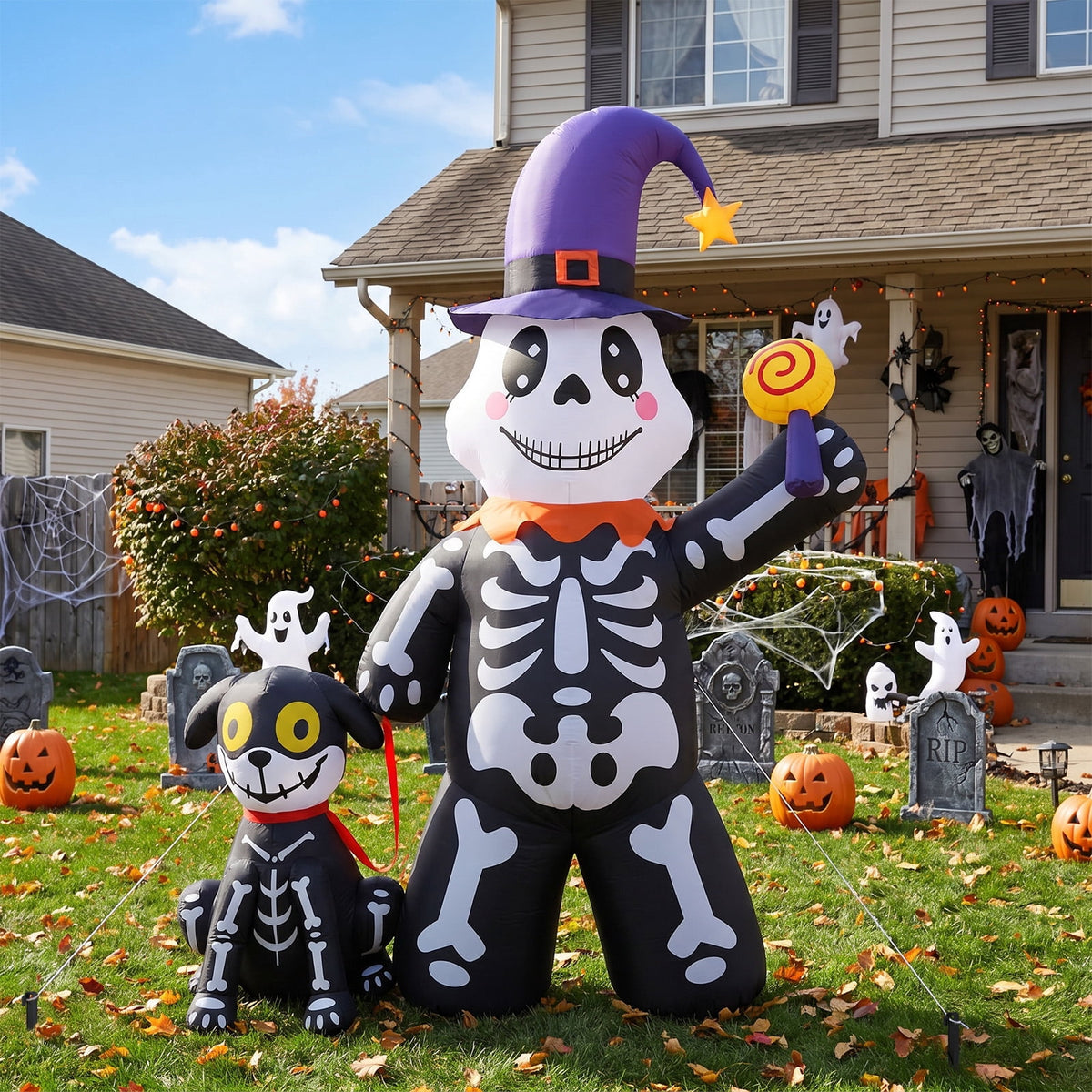Ayieyill 7FT Halloween Inflatables Decorations Skeleton and Dog, Halloween Blow ups Yard Decorations Outdoor for Garden Lawn
