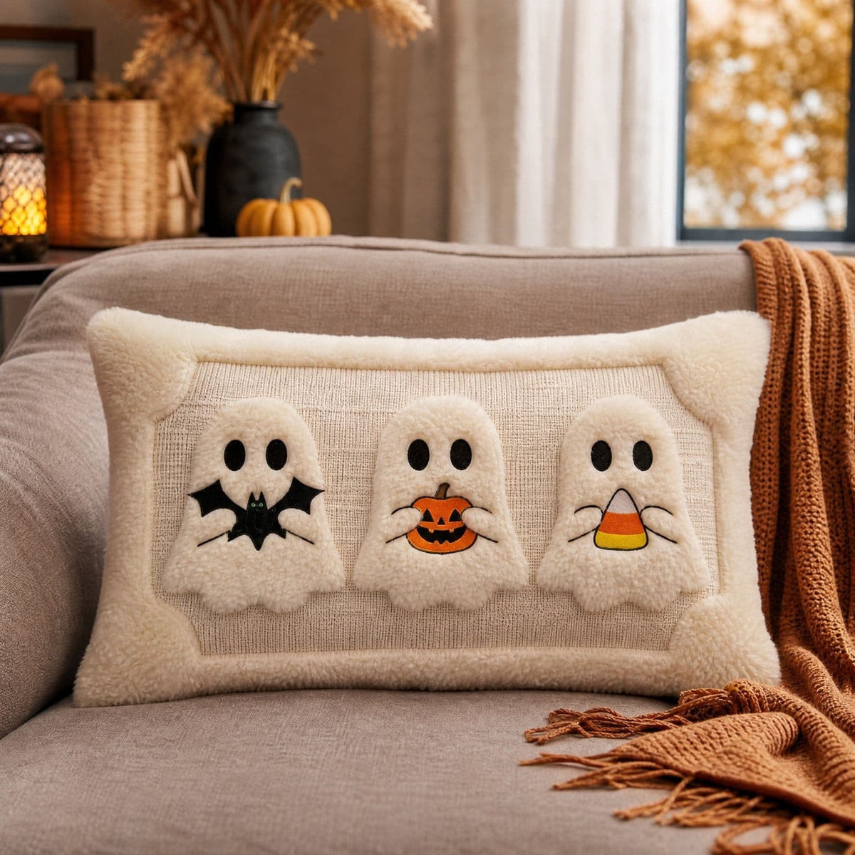 Cute Reading Ghost Plush Throw Pillow, Halloween Book & Pumpkin Bucket Ghost Stuffed Cushion, Spooky Season Decorative Pillow, for Sofa, Bedroom, Party Decor