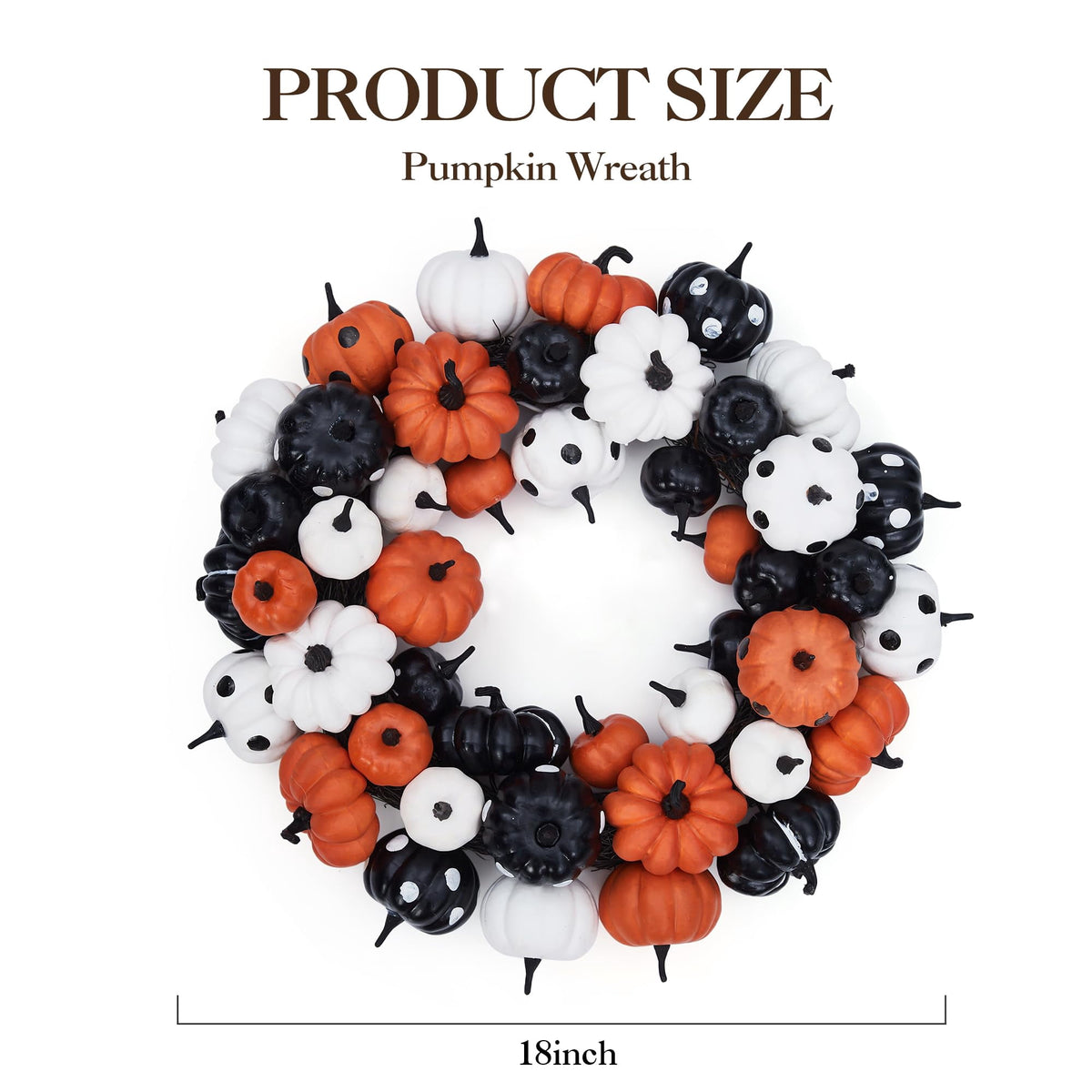 Halloween Pumpkin Wreath, 18 Inch Fall Wreath for Front Door with Orange, Black and White Pumpkins, Rattan Bottom Thanksgiving Indoor Outdoor Home Party Decor