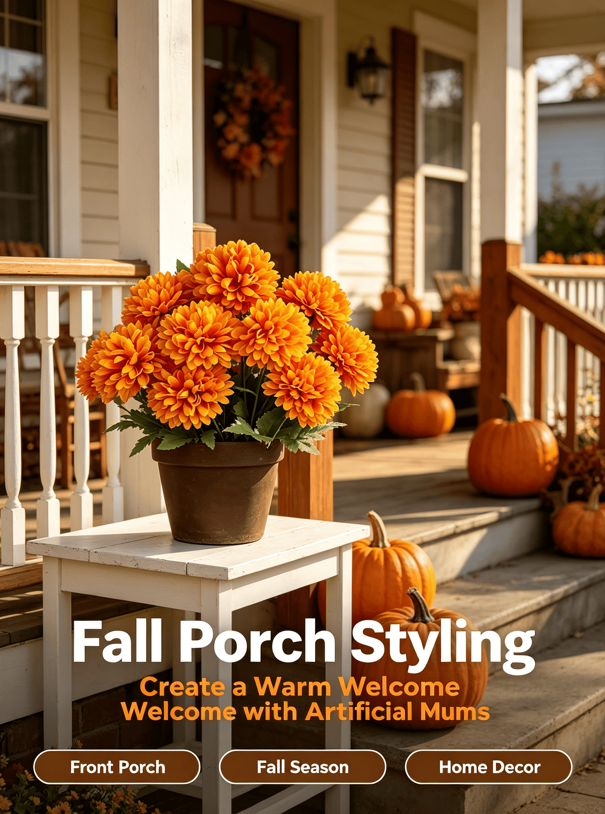 1Pack Faux Fall Mums for Outside Artificial Mums Outdoor Clearance Chrysanthemum Bush Silk - Orange Fall Decorations for Home Fall Wedding Flowers