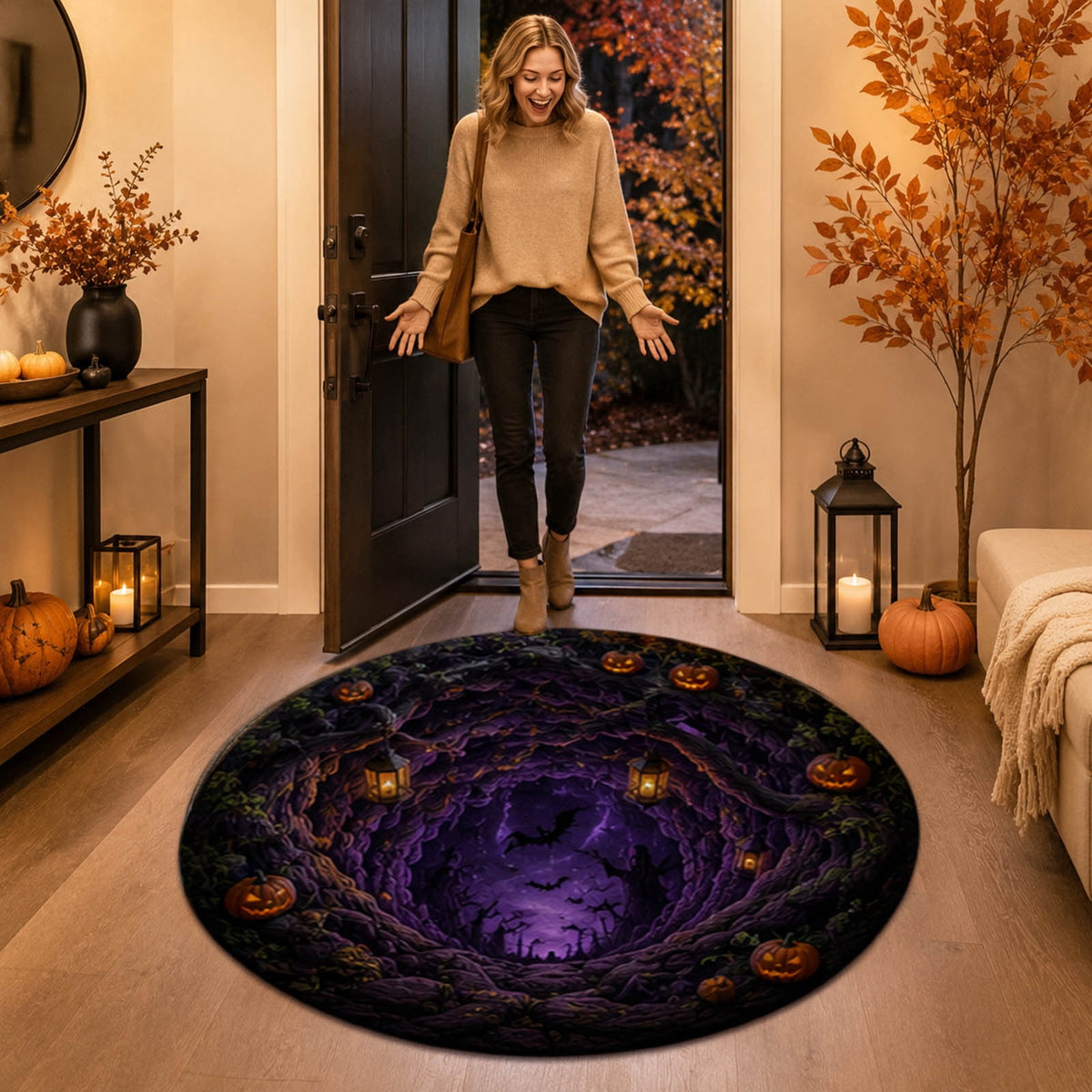 Win s Way 3D Illusion Round Halloween Rug Optical Illusion Doormat Non- Washable Entryway Decor Spooky Fall Front Door Mat for Party Decoration Available in 15.8/23.6/31.5 Inch