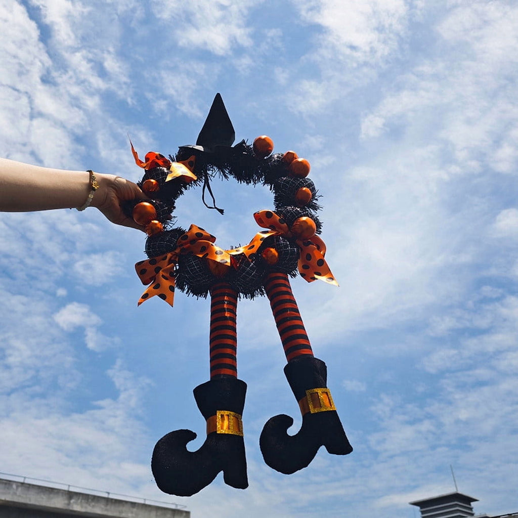 24 Inch Halloween Wreath with Witch Hat and Striped Legs Black Orange Bow Decorative Wreath for Front Door Porch Wall Home Decor
