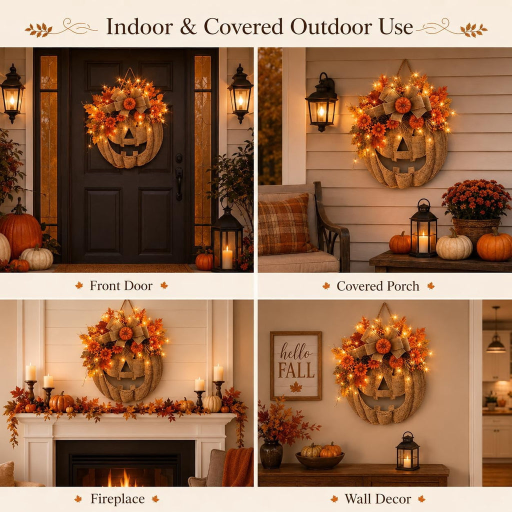 Lighted Burlap Pumpkin Wreath, 13.78-Inch LED Fall Door Decor with Wooden Pumpkin,Burlap Bow,Maple Leaves and Berries for Halloween Thanksgiving Porch