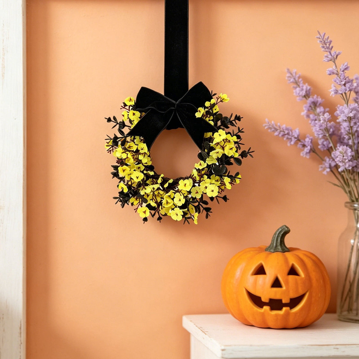 Halloween Star Shaped Bow Wreath for Window Door Display, Autumn Festival Artificial Wreath Decor