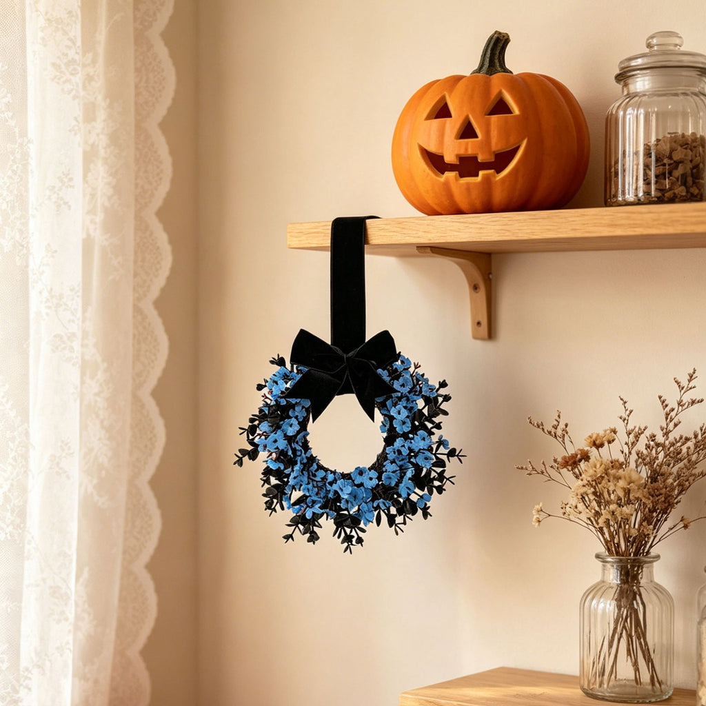 Halloween Star Shaped Bow Wreath for Window Door Display, Autumn Festival Artificial Wreath Decor