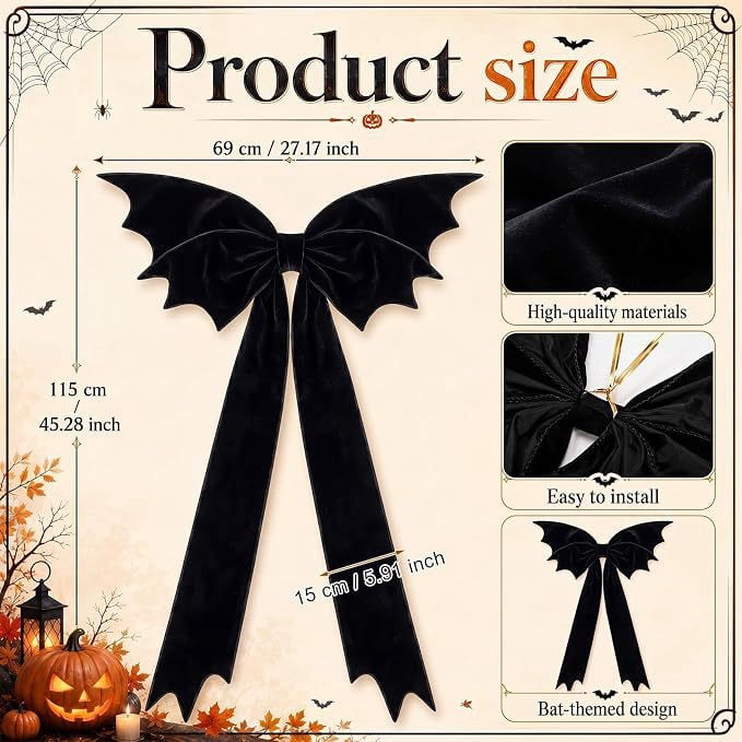 Halloween Decor, Black Bow, Giant Velvet Halloween Bow, Black Bat Wing Decor, Spooky Gothic Tree Topper for Front Door Wreath Suitable for Hanging on Doors and Fireplaces