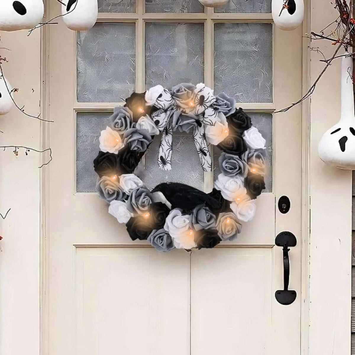 Halloween Decorative Wreath with Crow Roses Lights,13.7" Black White Flowers Gothic Garland for Wedding,Creepy Decor Pendant,Wreath for Front Door Porch Window, Indoor Outdoor Home Halloween Decor