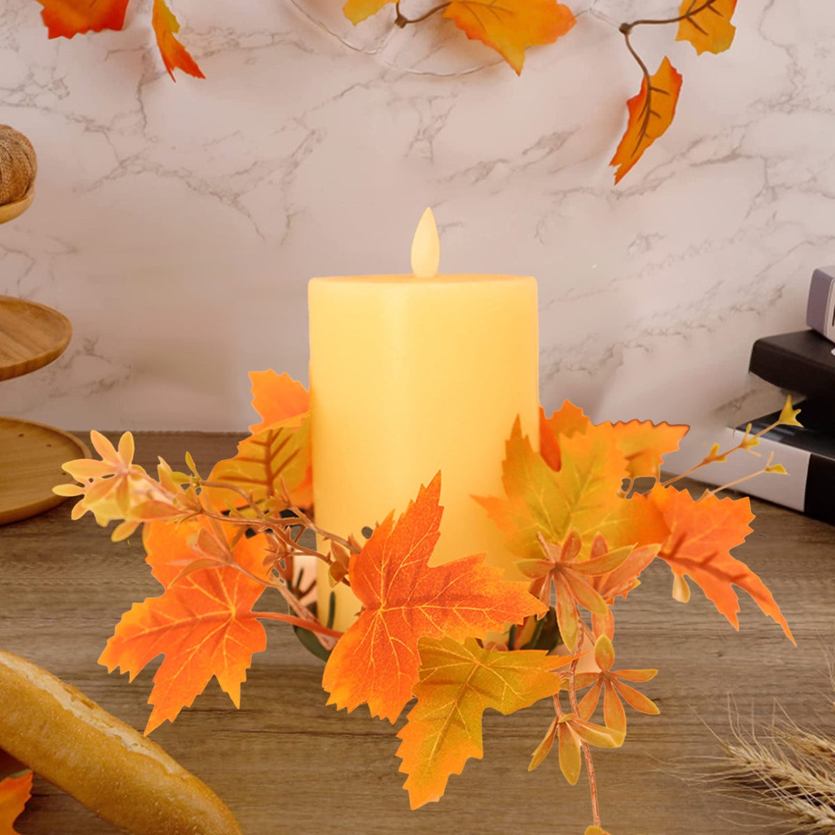 Guozer 1PCS Fall Candle Rings Wreaths Decorative Rattan Garland with Maple Leaf Berries for Thanksgiving Halloween Table Decor (No Light)