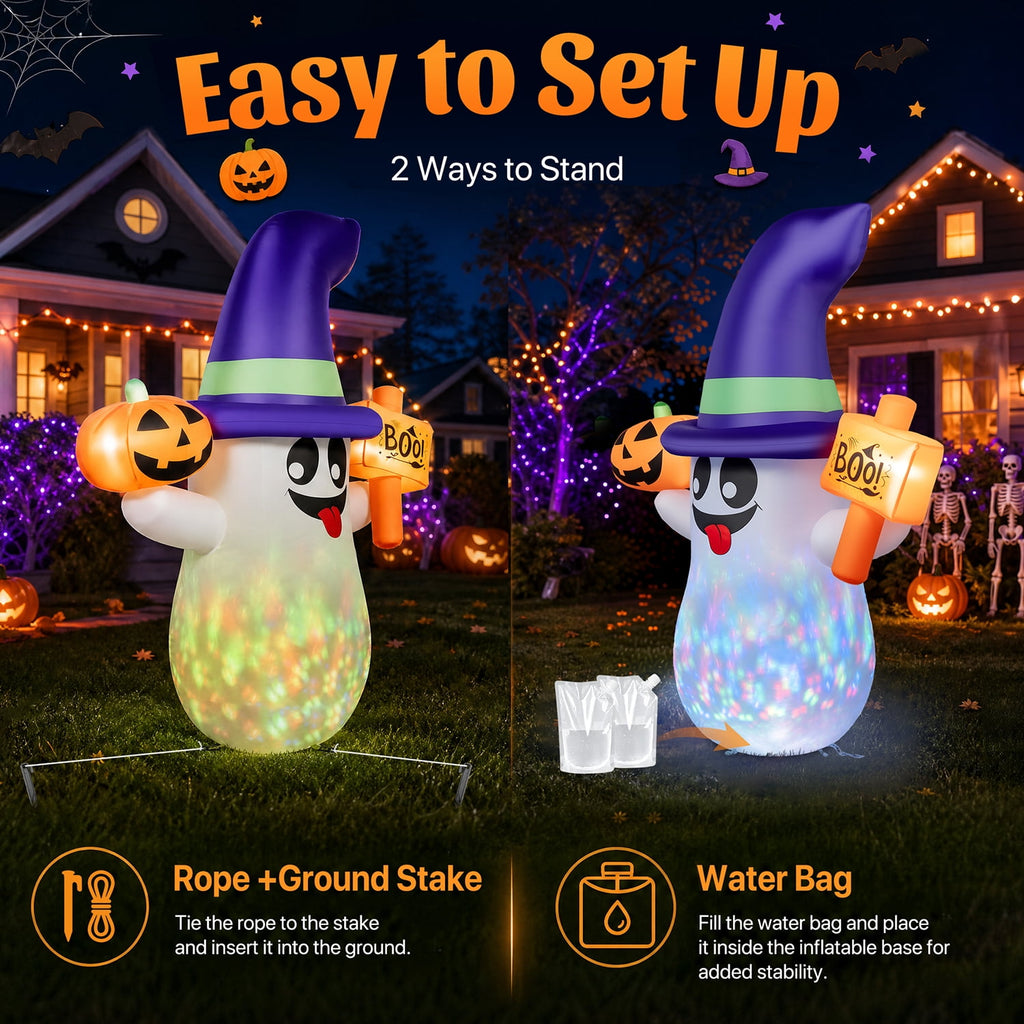 5ft Halloween Inflatable Ghost with Rotating Colorful LED Lights, Blow Up Ghost with Pumpkin & Boo Sign, Outdoor Halloween Yard Decoration for Lawn, Porch, Front Yard