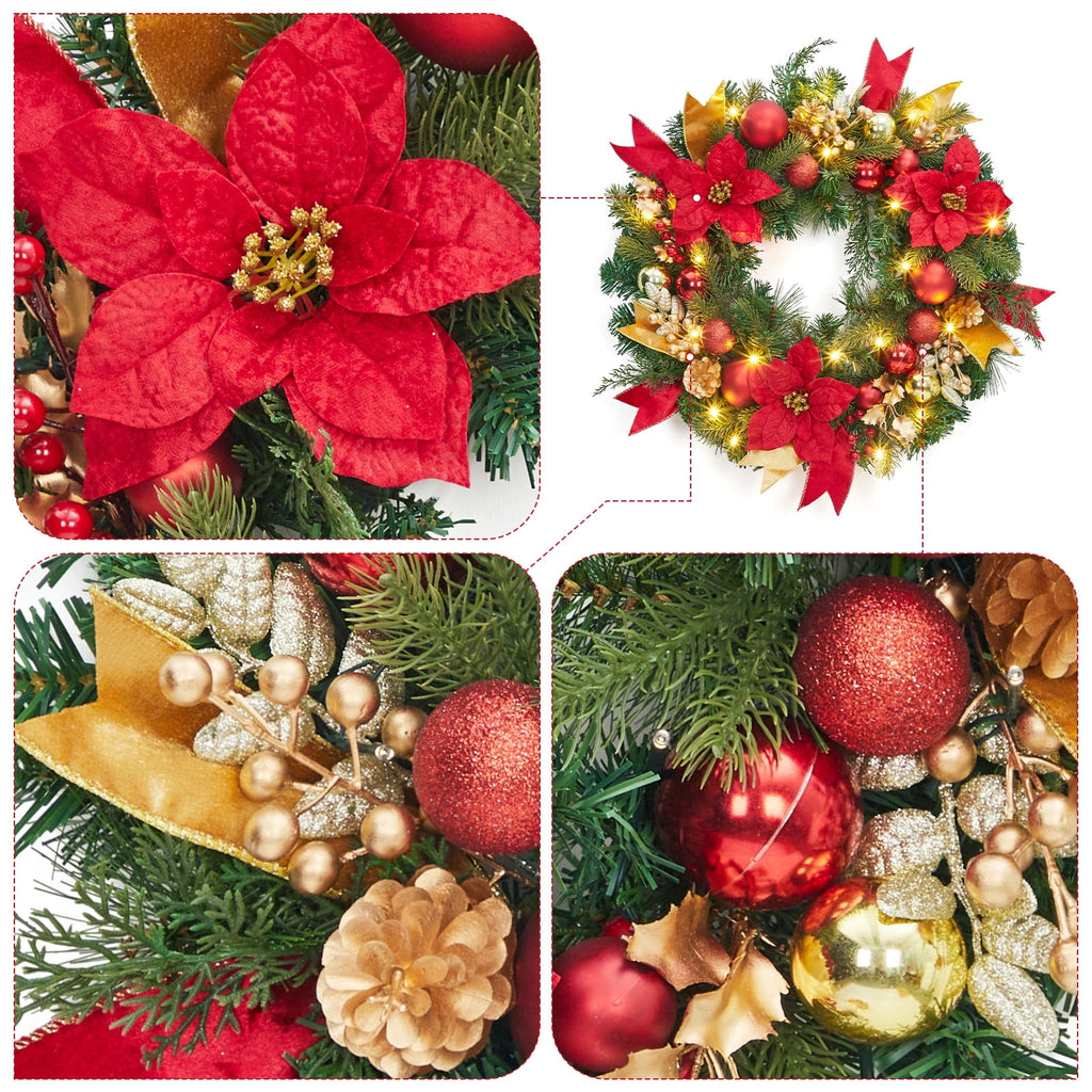 JoanKaren 24 inch Large Christmas Wreath Silver White with 20 LED Lights,Prelit Xmas Wreath w/ Ball Ornaments Pine Cone