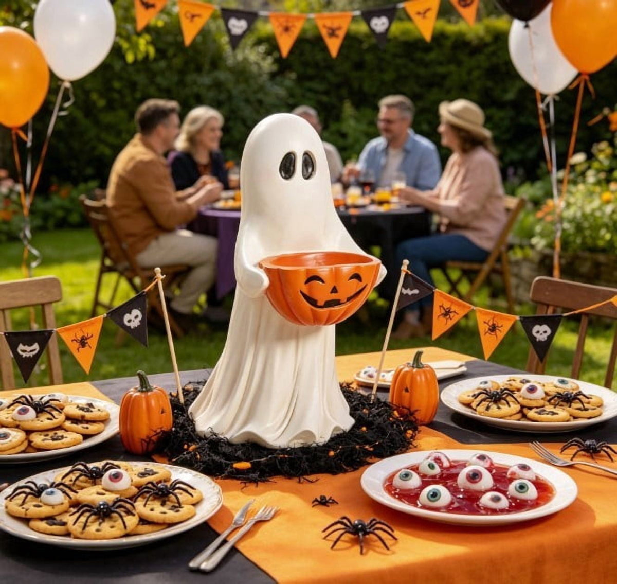 Halloween Decoration Ghost Figurine 11in Resin Ghost Statues with Pumpkin Candy Bowl for Outdoor Indoor Front Door, Porch Yard Lawn Party Decor