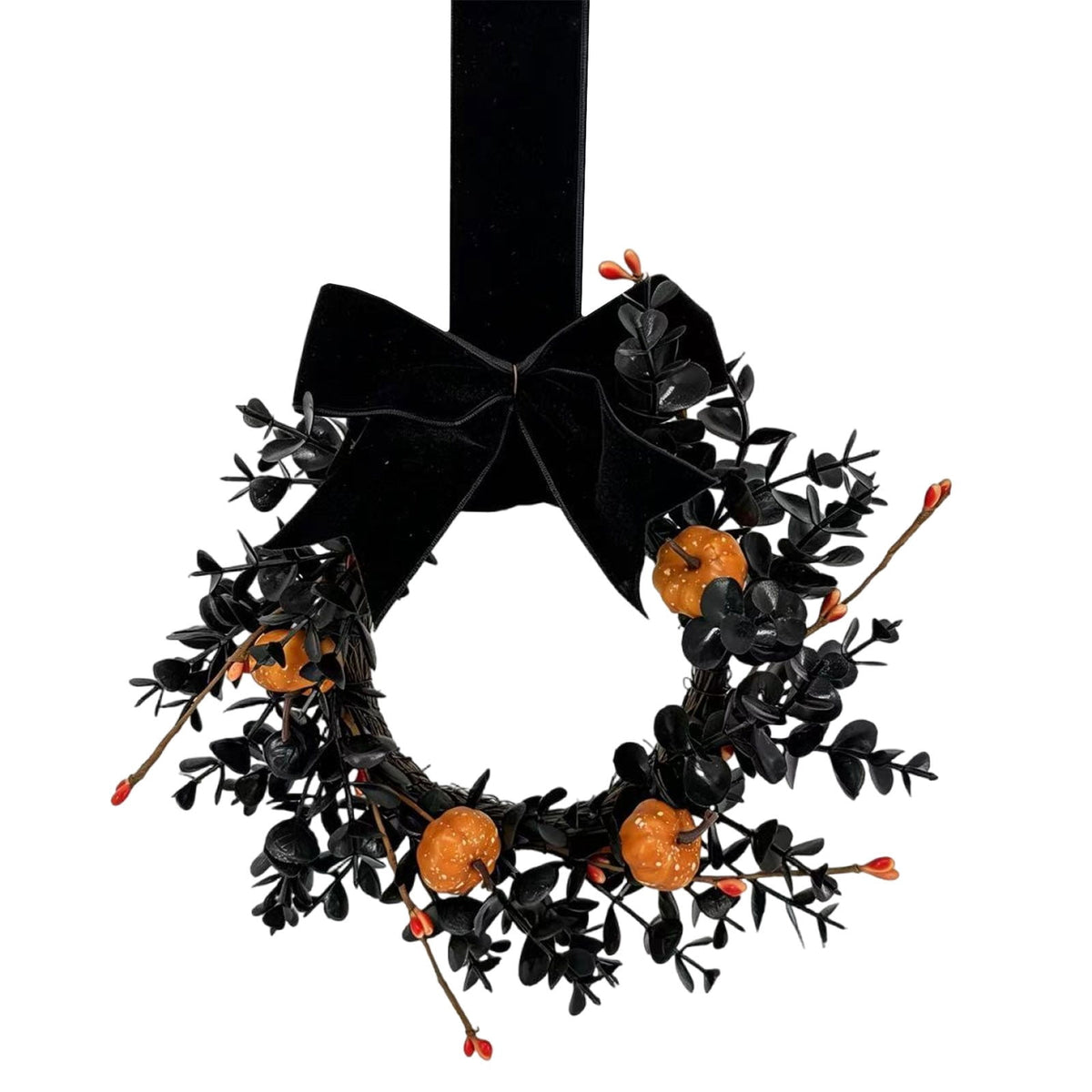 Halloween Wreath,Small Pumpkin Bow Wreaths for Front Door Kitchen Cabinet,Hanging Black Wreath for Autumn Holiday Halloween Decorations