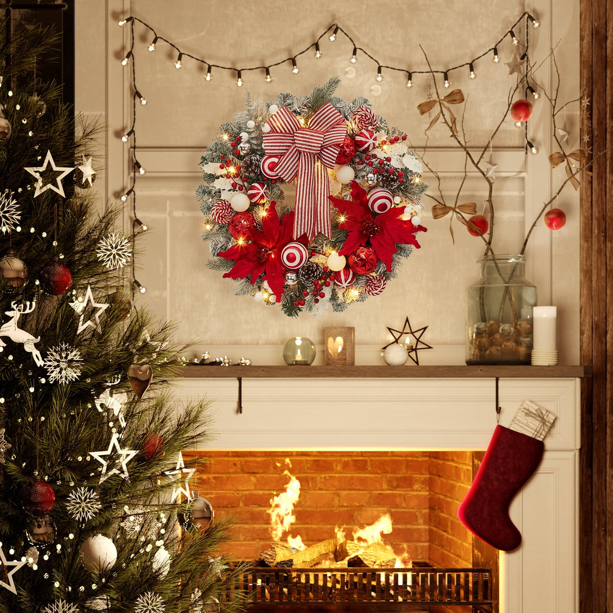 JoanKaren 24 inch Large Christmas Wreath Silver White with 20 LED Lights,Prelit Xmas Wreath w/ Ball Ornaments Pine Cone