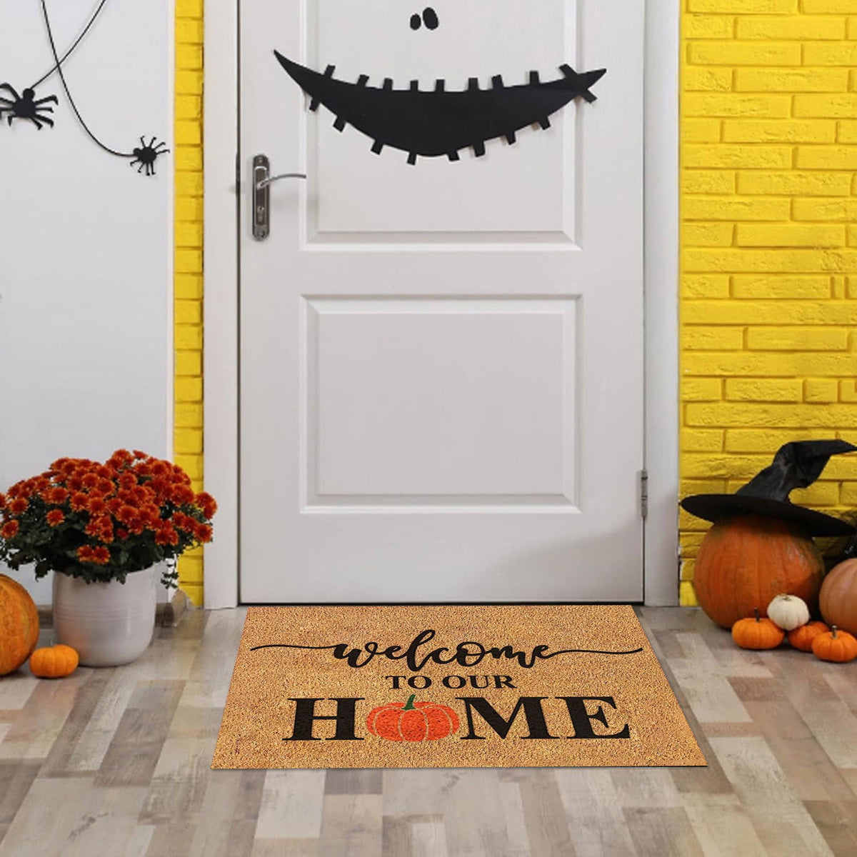 Uanit Fall Coir Doormat Welcome Pumpkins Door Mat Non-Slip Farmhouse Floor Mats Autumn Decorative Entrance Door Rugs for Halloween Thanksgiving Indoor Outdoor Bathroom Porch Decor, 15.7 x 23.6 Inch