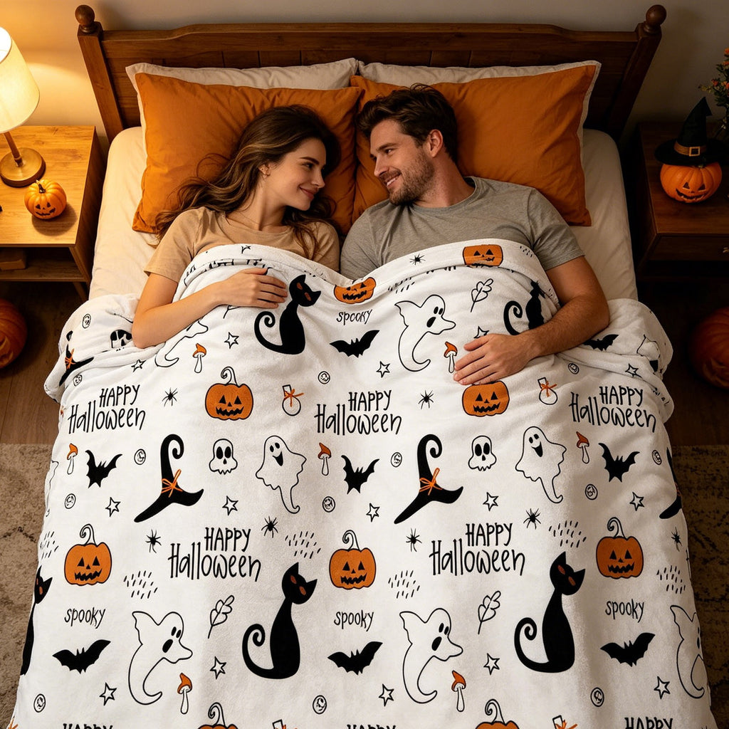 Halloween blanket,Halloween Print Throw Blanket Flannel Soft Cozy Decorative Nap Blanket with Ghost Pumpkin Skull for Office Bedroom Sofa Camping Travel(100x150cm/39x59 Inch),Black