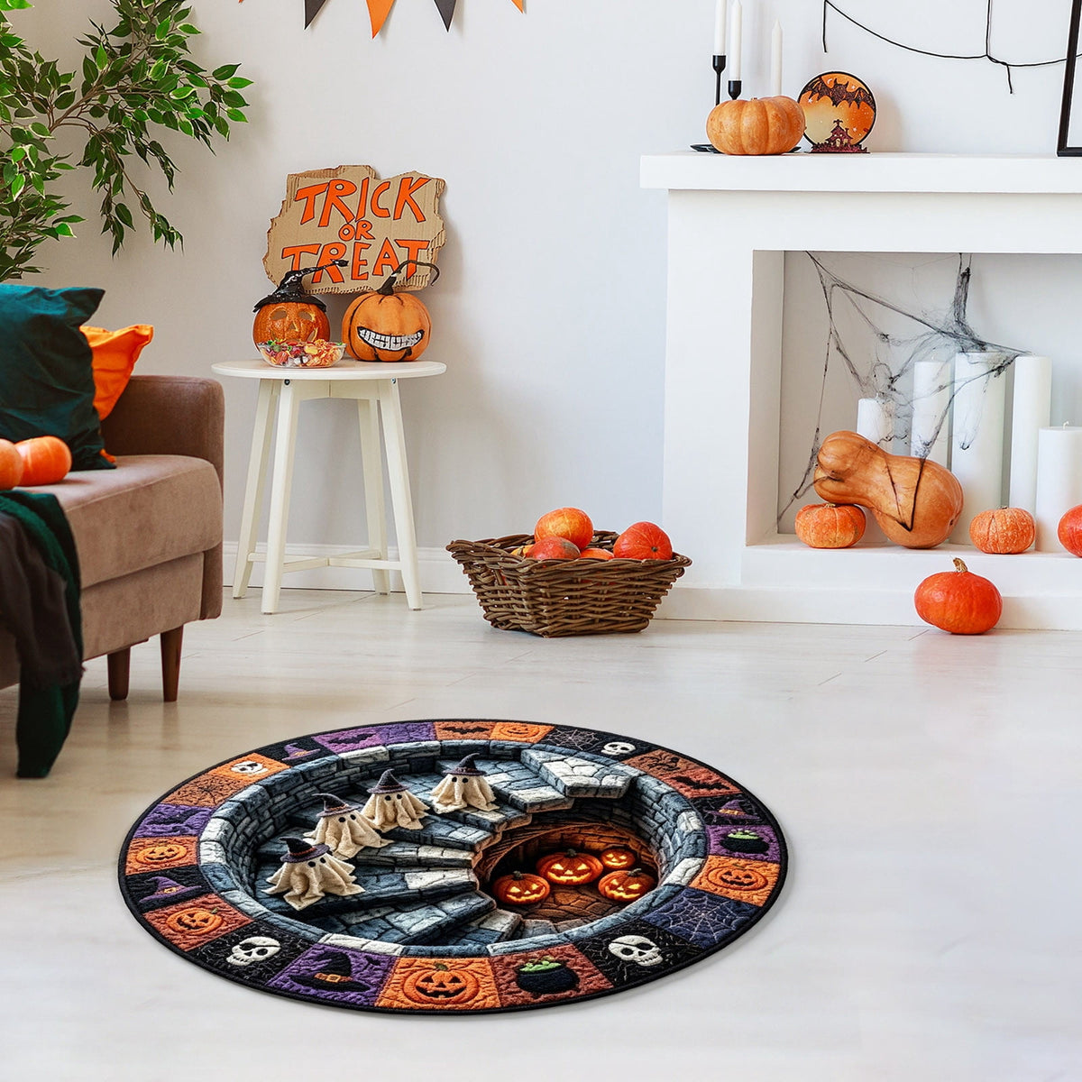 3D Optical Illusion Halloween Round Rug – Spooky Ghost Pumpkin Design, Non Slip Rubber Backing Doormat for Entryway Bedroom, Machine Washable Floor Mat Home Decor