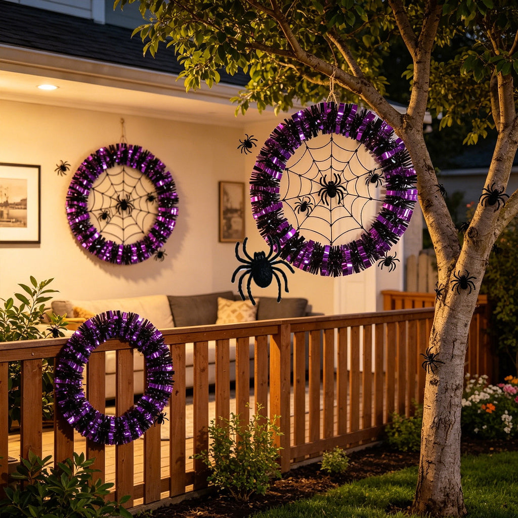 Halloween Wreaths for Front Door, Purple Black Tinsel Wreath with Spider Web & Spider Ornaments Front Door Hanging Decor for Party Home Porch
