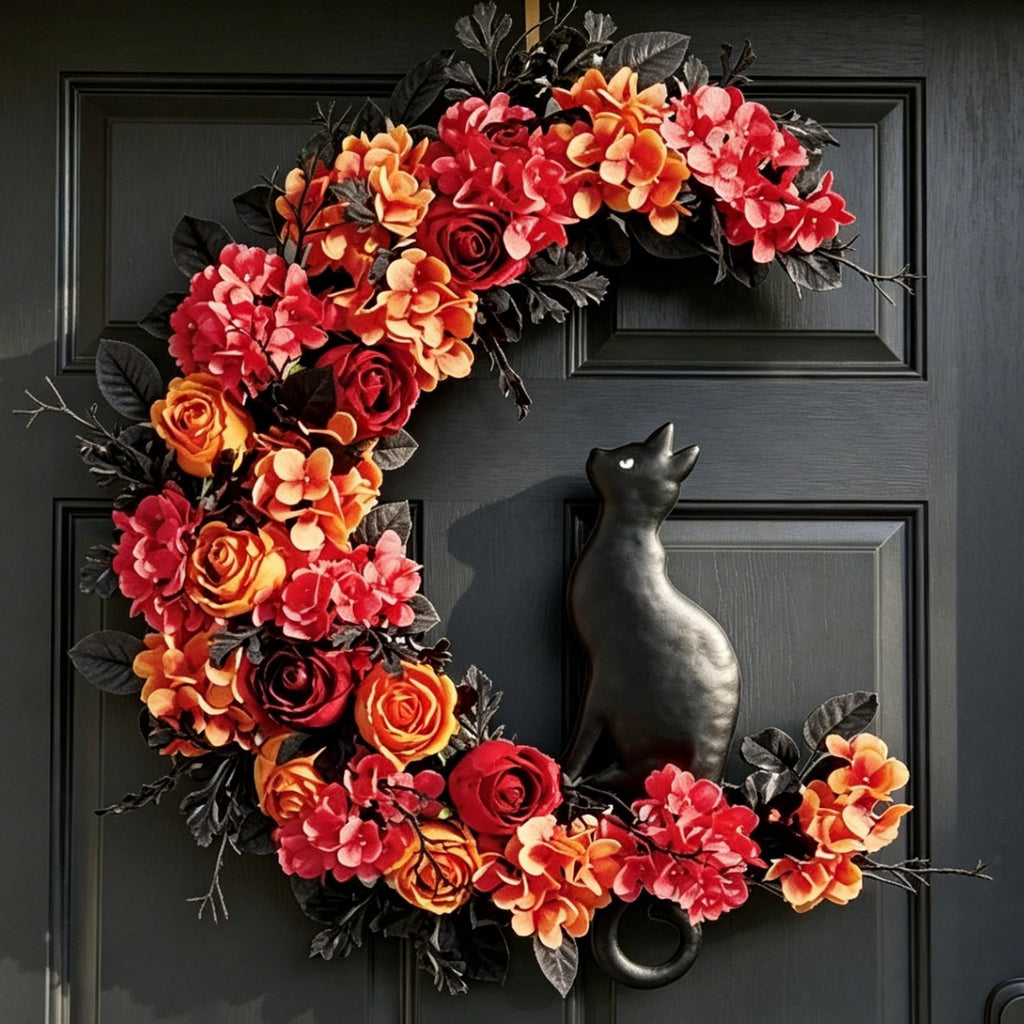 Hotyverty Halloween Wreath for Front Door, 13.77 Inch, Skull With Black Bow Wreath Halloween Decorations For Covered Outdoor Door & Farmhouse Gothic Home Ornament