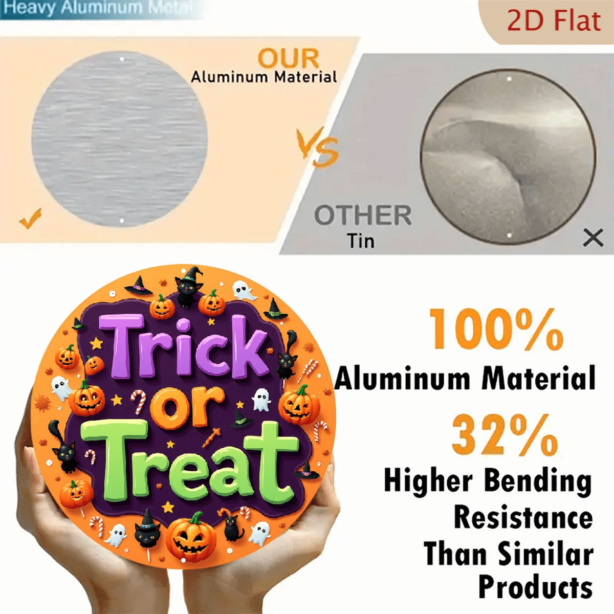 2D Flat, Halloween Round Aluminum Wall Sign - 8*8 Inch Trick or Treat Decor with Spooky Pumpkin,, Bat & Candy Corn Design - American-Style Holiday Season Decoration for Home, Kitchen, Garden, Office