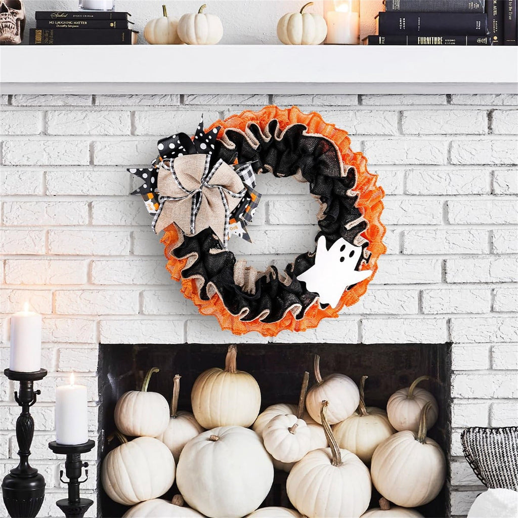 Halloween Ghost Burlap Wreath, Buffalo Plaid Ribbon Front Door Wreath, Spooky Ghost Hanging Garland for Home Porch Wall Fall Halloween Decor 38cm