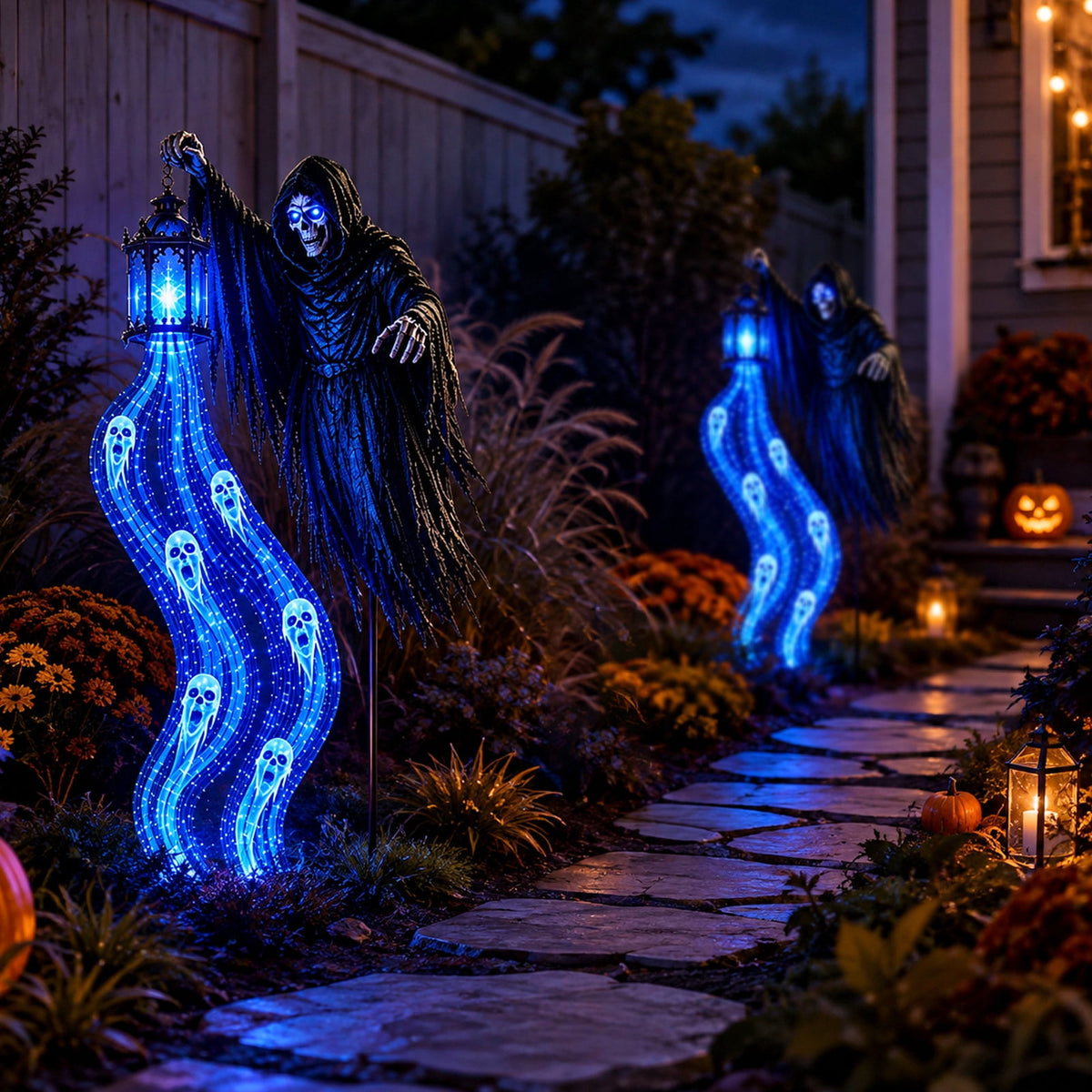 Halloween Soul Harvester Animated Solar Garden Stake Light, Outdoor Decors Flowing Blue Ghost Effect With Glowing Reaper Eyes And Lantern For Front Yard, Pathway, Porch Entrance And Graveyard Display