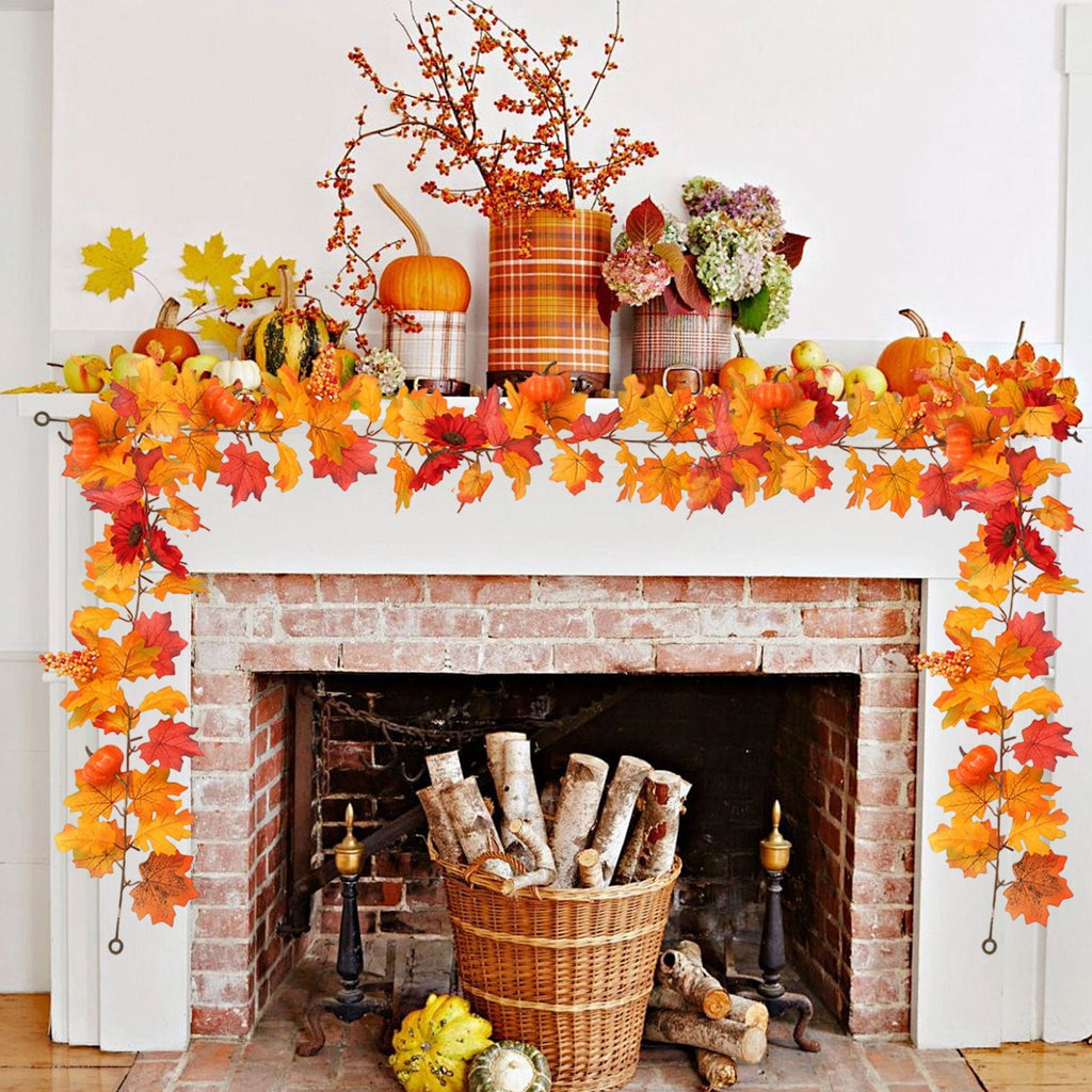 Sruoe Simulation Maple Leaf and Rattan Fall Garland for Holiday Stair Door, Greenery Garland for Garden Home Wall, Fake Plants Wreath Decoration for Thanksgiving Halloween, Orange