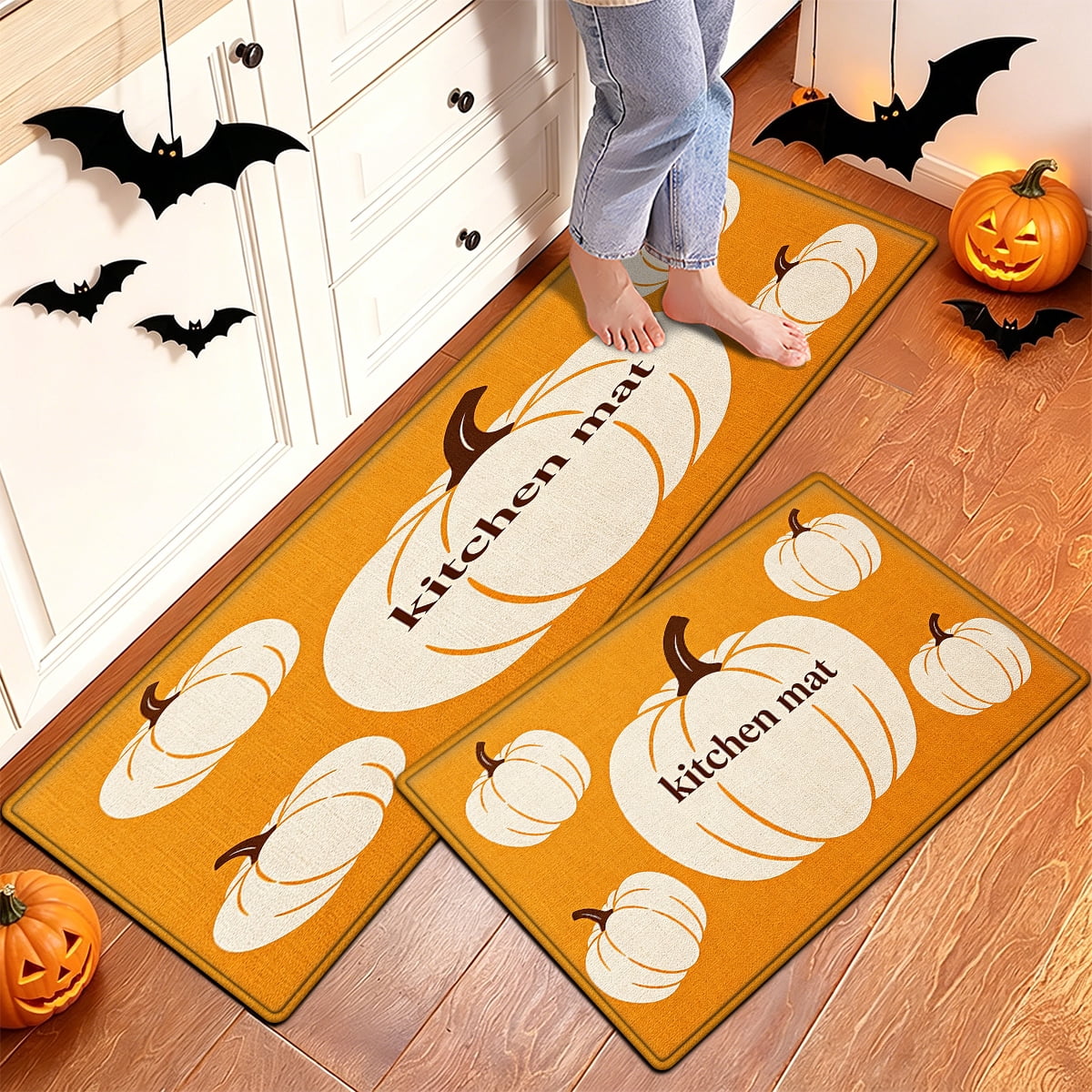 YIMEIS Halloween Orange Ghost Pumpkin Black Cat 1Pc Flannel Mat & Kitchen Rugs,Soft Non-slip,16''×24'' Inches,for Entryway Bathroom