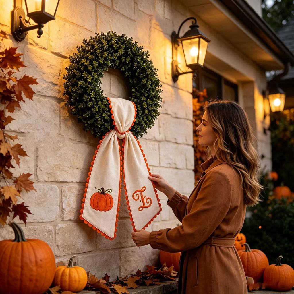 Halloween Pumpkin Wreath Sash Double-Sided Fall Door Ornament Thanksgiving Harvest Display 2-Pack