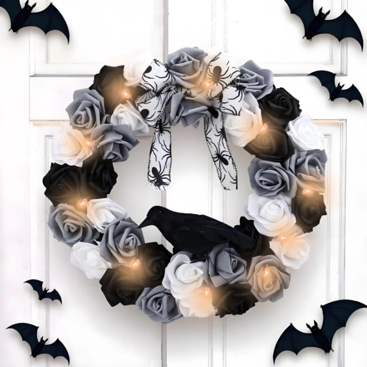 Halloween Decorative Wreath with Crow Roses Lights,13.7" Black White Flowers Gothic Garland for Wedding,Creepy Decor Pendant,Wreath for Front Door Porch Window, Indoor Outdoor Home Halloween Decor
