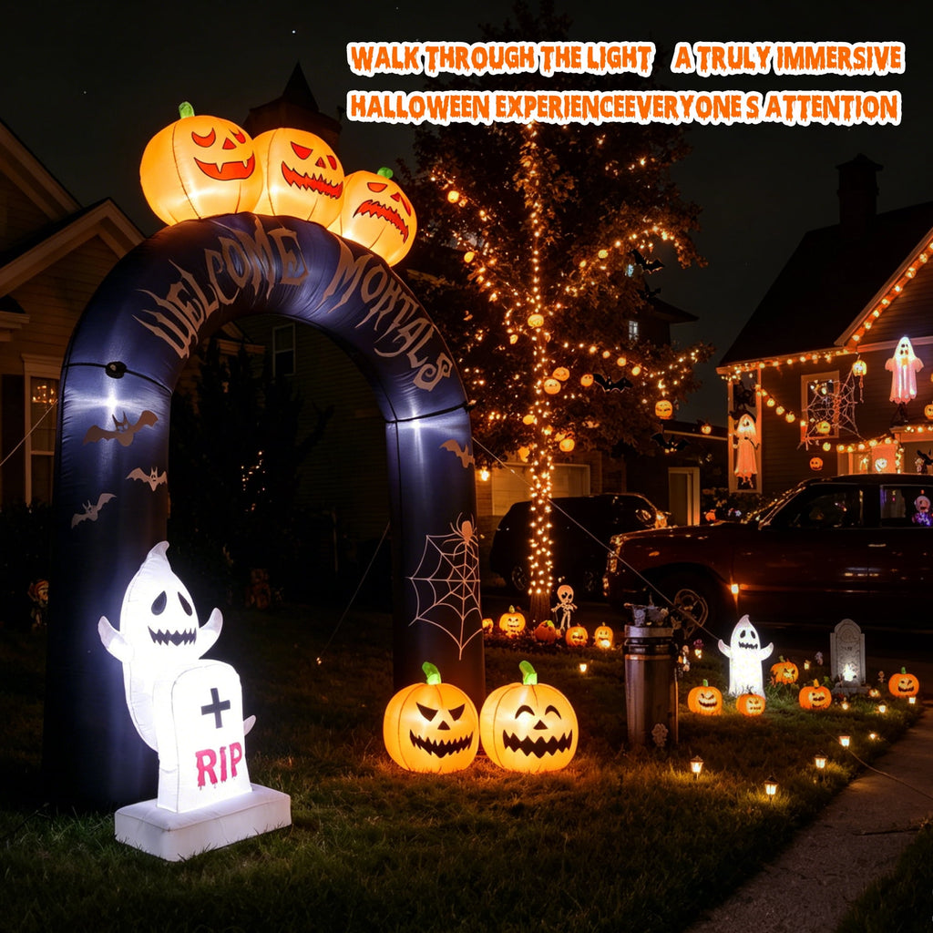 MAGOTAN 8 ft Halloween Inflatable Pumpkin Halloween Inflatable Pumpkins Ghost Tombstone Outdoor Yard Decoration Build-in 7 LED White Lights