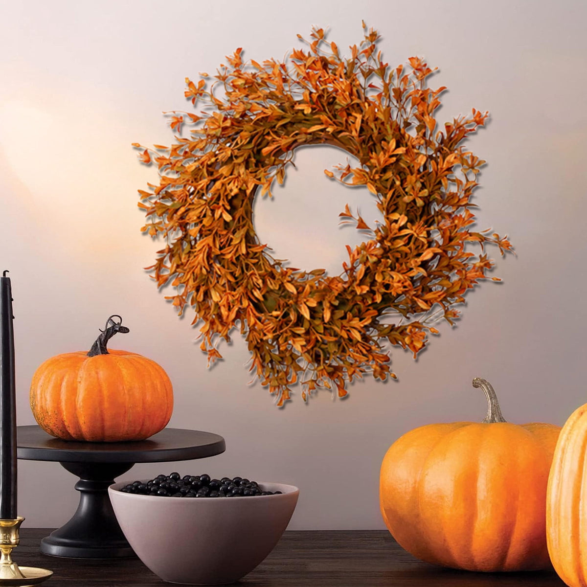 XIA0LE 12 Inch Realistic Fall Wreaths For Front Door Outside Autumn Wreath Outdoor Indoors Fall Decorations For Home Thanksgiving Halloween Holiday Decorations For Wall Porch Door (Orange)