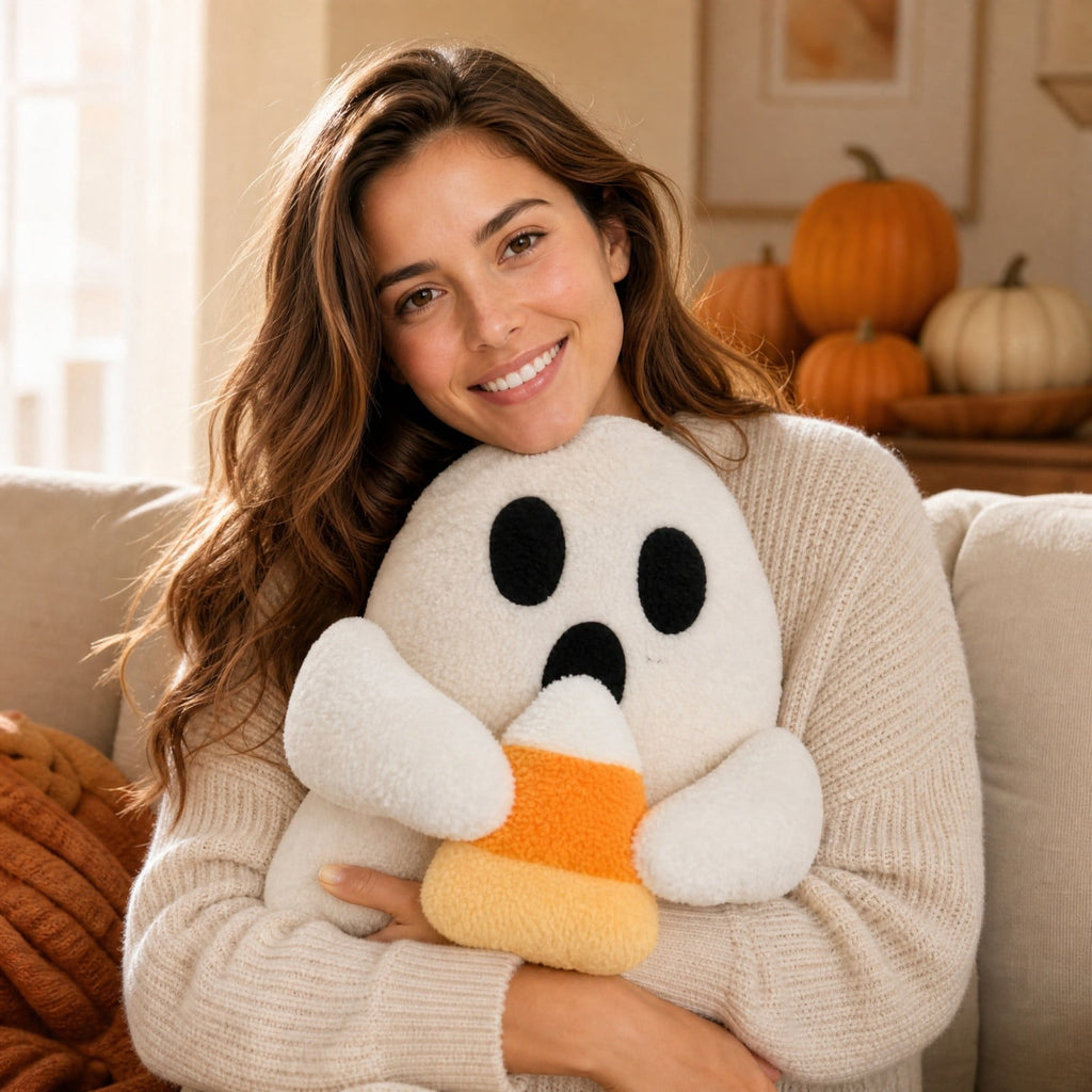 Cute Reading Ghost Plush Throw Pillow, Halloween Book & Pumpkin Bucket Ghost Stuffed Cushion, Spooky Season Decorative Pillow, for Sofa, Bedroom, Party Decor