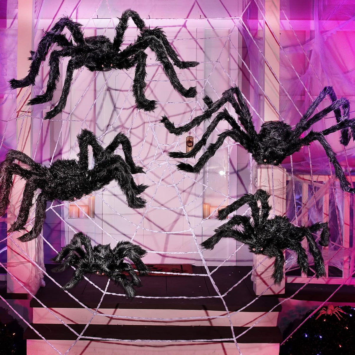 Joyfy 6 Packs Colorful Hairy Giant Spiders Halloween Decorations Outdoor,Multi-Size Outdoor Halloween Spider Decorations for Yard Lawn & Patio (30", 30", 20", 20", 12", 12")