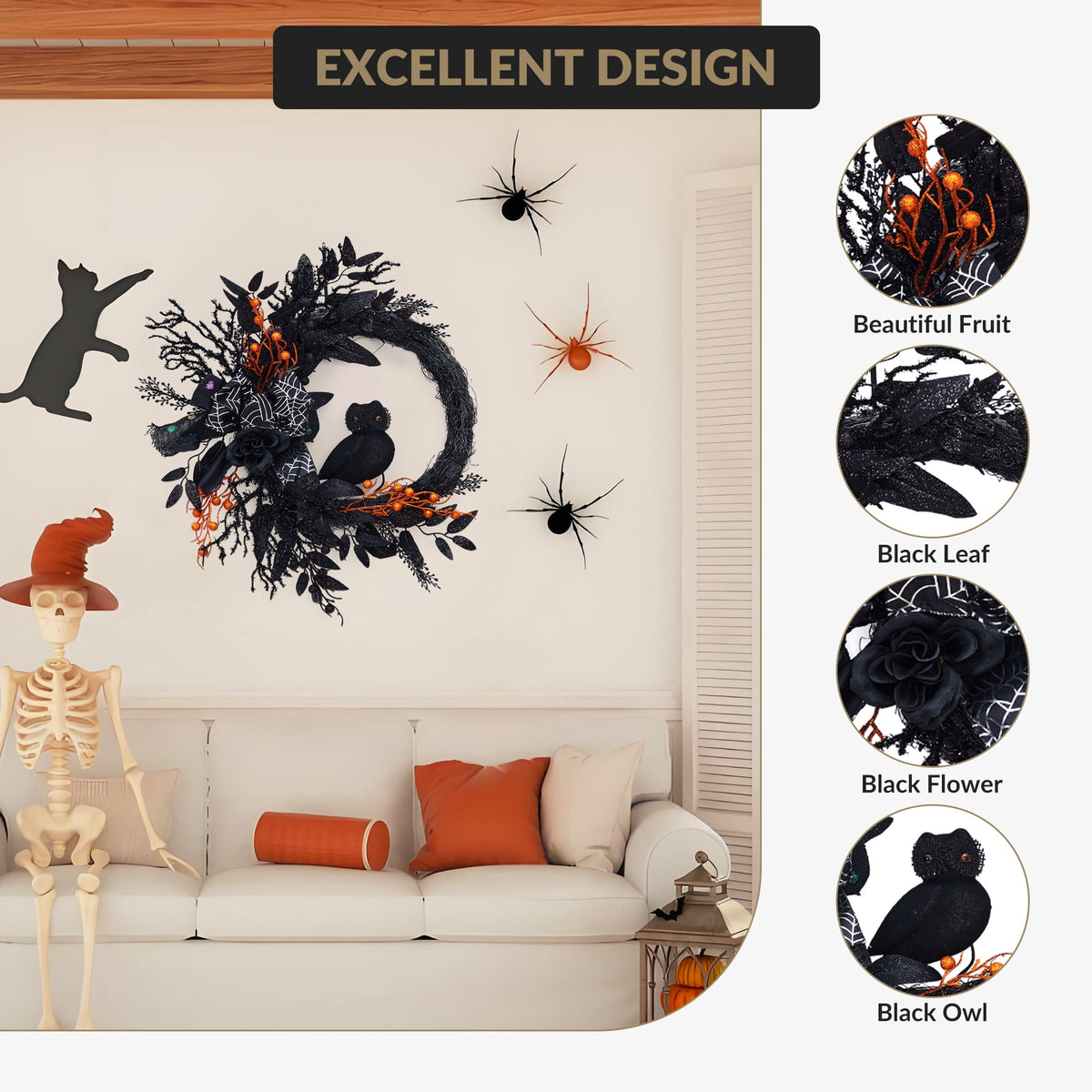Festisoul 20'' Halloween Wreath for Front Door, Halloween Owl Wreath with Natural Vines and Artificial Roses, Spooky Halloween Props Decoration for Fireplace