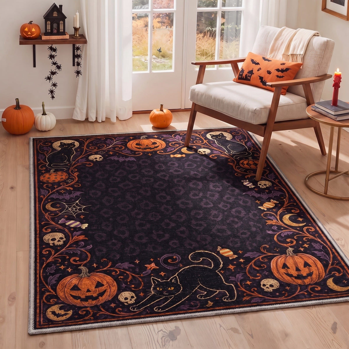 GENIMO 5'x7' Halloween Area Rug for Living Room, Washable Non Slip Soft Vintage Pumpkin Indoor Rug for Bedroom Dining Room Home Office, Antique Moss