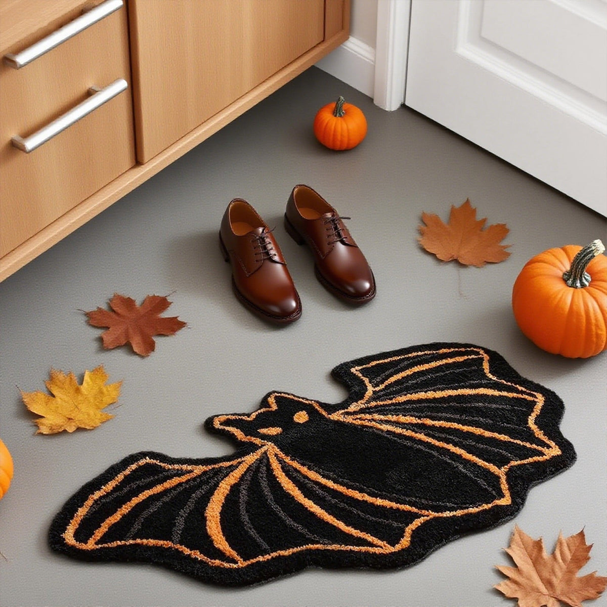 SDJMa Halloween Bat Bath Mat, Black Orange Washable Non-Slip Faux Fur Bat Floor Mat for Halloween Holiday Home Bathroom Bedroom Gothic Decor, 15.7"x23.6"
