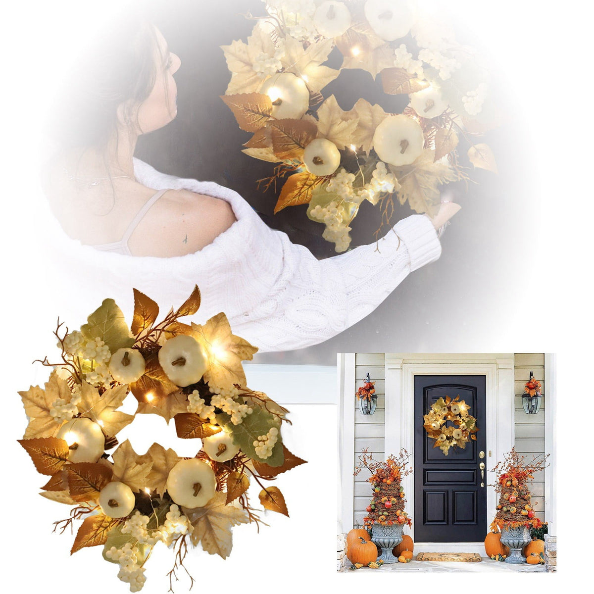 12 Inch Fall Wreath with Pumpkins & Maple Leaves - Autumn Harvest Wreath for Front Door, Thanksgiving & Halloween Farmhouse Decor
