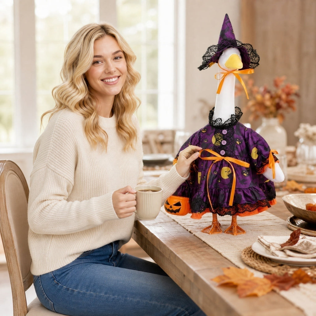 Halloween Garden Porch Decor, Porch Goose Outfits Halloween, 23 Inch Porch Goose Outfits, Witch Dress and Hat Set, Fits 23X11X26 Inch Standing Plush Goose for Front Porch Lawn